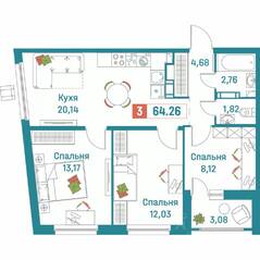 ЖК «Графика», планировка 3-комнатной квартиры, 64.26 м²