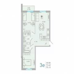 ЖК «Lovo», планировка 2-комнатной квартиры, 75.10 м²