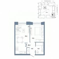 ЖК «Страна.Заречная», планировка 2-комнатной квартиры, 39.20 м²