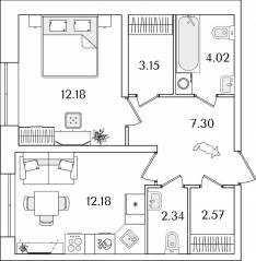 ЖК «БелАрт», планировка 1-комнатной квартиры, 43.74 м²