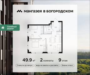 ЖК «Мангазея в Богородском», планировка 2-комнатной квартиры, 49.90 м²