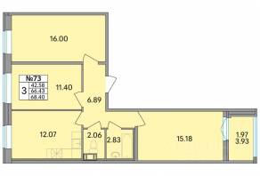 ЖК «Рождественский квартал», планировка 3-комнатной квартиры, 68.40 м²