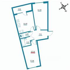 ЖК «Левитан», планировка 2-комнатной квартиры, 63.14 м²