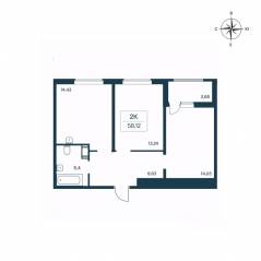ЖК «Расцветай в Янино», планировка 2-комнатной квартиры, 58.10 м²