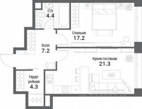 ЖК «Nagatino i-Land», планировка 1-комнатной квартиры, 54.40 м²