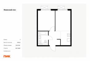 ЖК «Янинский лес», планировка 1-комнатной квартиры, 34.23 м²