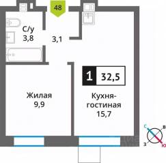 ЖК «Лесная Отрада», планировка 1-комнатной квартиры, 32.50 м²