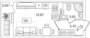 ЖК «Кинопарк», планировка студии, 21.61 м²