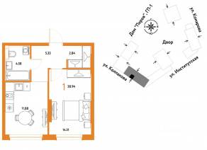 ЖК «Страна.Парковая», планировка 1-комнатной квартиры, 38.94 м²