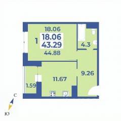ЖК «Эдельвейс» (ЦентрСтрой), планировка 1-комнатной квартиры, 44.88 м²