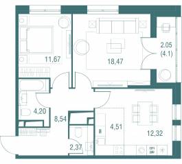 ЖК «Одинбург», планировка 3-комнатной квартиры, 64.13 м²