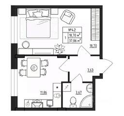МЖК «Верево-Сити», планировка 1-комнатной квартиры, 37.86 м²