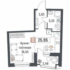 ЖК «Авиатор» (Девяткино), планировка студии, 25.95 м²