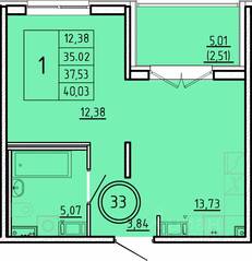 МЖК «Образцовый квартал 16», планировка 1-комнатной квартиры, 35.02 м²