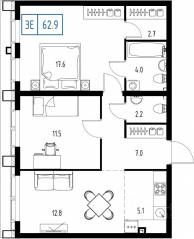 ЖК «Skolkovo One», планировка 2-комнатной квартиры, 62.90 м²