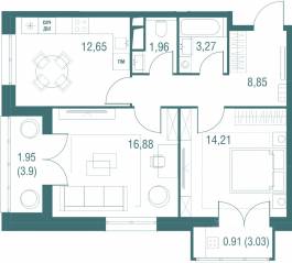 ЖК «Одинбург», планировка 2-комнатной квартиры, 60.68 м²