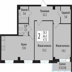ЖК «Южная звезда», планировка 2-комнатной квартиры, 69.00 м²