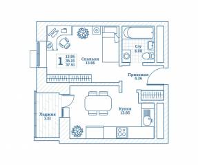 ЖК «Новоград Монино», планировка 1-комнатной квартиры, 38.00 м²