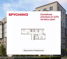 ЖК «Брусника в Новоселье», планировка 2-комнатной квартиры, 69.11 м²