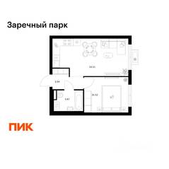 ЖК «Заречный парк», планировка 1-комнатной квартиры, 36.08 м²