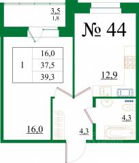 ЖК «Орловский бульвар», планировка 1-комнатной квартиры, 39.30 м²