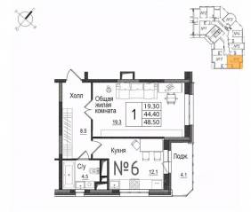ЖК «Школьный» (Наро-Фоминск), планировка 1-комнатной квартиры, 49.00 м²