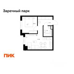 ЖК «Заречный парк», планировка 1-комнатной квартиры, 35.59 м²