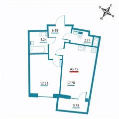 ЖК «Левитан», планировка 1-комнатной квартиры, 43.75 м²