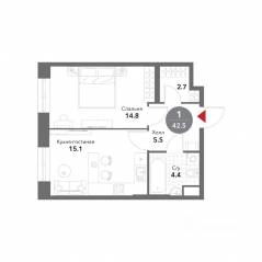 МФК «Voxhall», планировка 1-комнатной квартиры, 42.60 м²