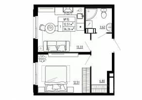 МЖК «Аннино Сити», планировка 1-комнатной квартиры, 36.26 м²