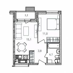 ЖК «Квартал Светлый», планировка 1-комнатной квартиры, 35.10 м²