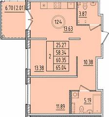 МЖК «Образцовый квартал 17», планировка 2-комнатной квартиры, 58.34 м²