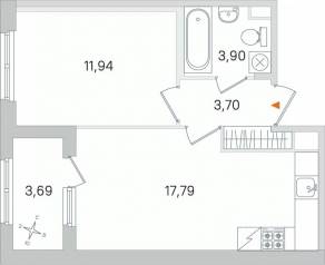 МЖК «Дубровский», планировка 1-комнатной квартиры, 39.18 м²