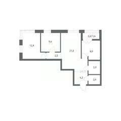 ЖК «NEWПИТЕР», планировка 3-комнатной квартиры, 67.42 м²