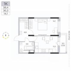 ЖК «Пироговская Ривьера», планировка 1-комнатной квартиры, 36.50 м²