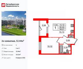 ЖК «Парадный ансамбль», планировка 1-комнатной квартиры, 32.44 м²