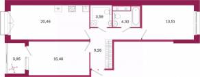 ЖК «Дом на Курской», планировка 2-комнатной квартиры, 68.56 м²