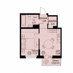 ЖК «ID Murino III», планировка 1-комнатной квартиры, 36.81 м²