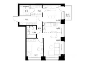 ЖК «Nova», планировка 2-комнатной квартиры, 68.15 м²