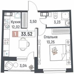 ЖК «Авиатор» (Девяткино), планировка 1-комнатной квартиры, 33.52 м²