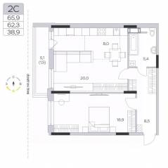 ЖК «Пироговская Ривьера», планировка 2-комнатной квартиры, 62.30 м²
