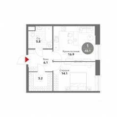 МФК «Voxhall», планировка 1-комнатной квартиры, 48.10 м²