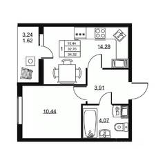 ЖК «Высота» (Бугры), планировка 1-комнатной квартиры, 34.32 м²