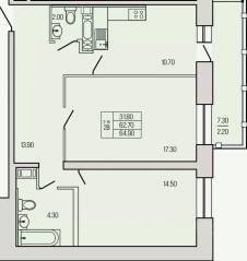 ЖК «Экос», планировка 2-комнатной квартиры, 64.90 м²