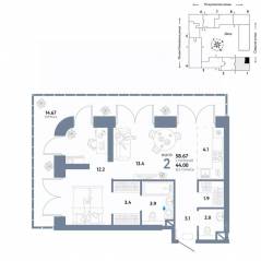 ЖК «Страна.Озерная», планировка 2-комнатной квартиры, 58.67 м²