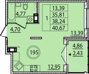 МЖК «Образцовый квартал 15», планировка 1-комнатной квартиры, 35.81 м²