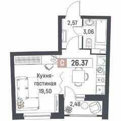 ЖК «Авиатор» (Девяткино), планировка студии, 26.37 м²