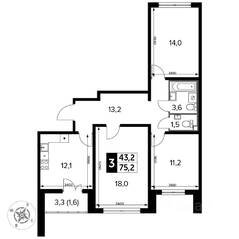 ЖК «Южная Битца», планировка 3-комнатной квартиры, 76.00 м²