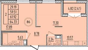 МЖК «Образцовый квартал 17», планировка 2-комнатной квартиры, 59.51 м²