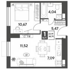ЖК Арт-квартал «Публицист», планировка 1-комнатной квартиры, 38.79 м²